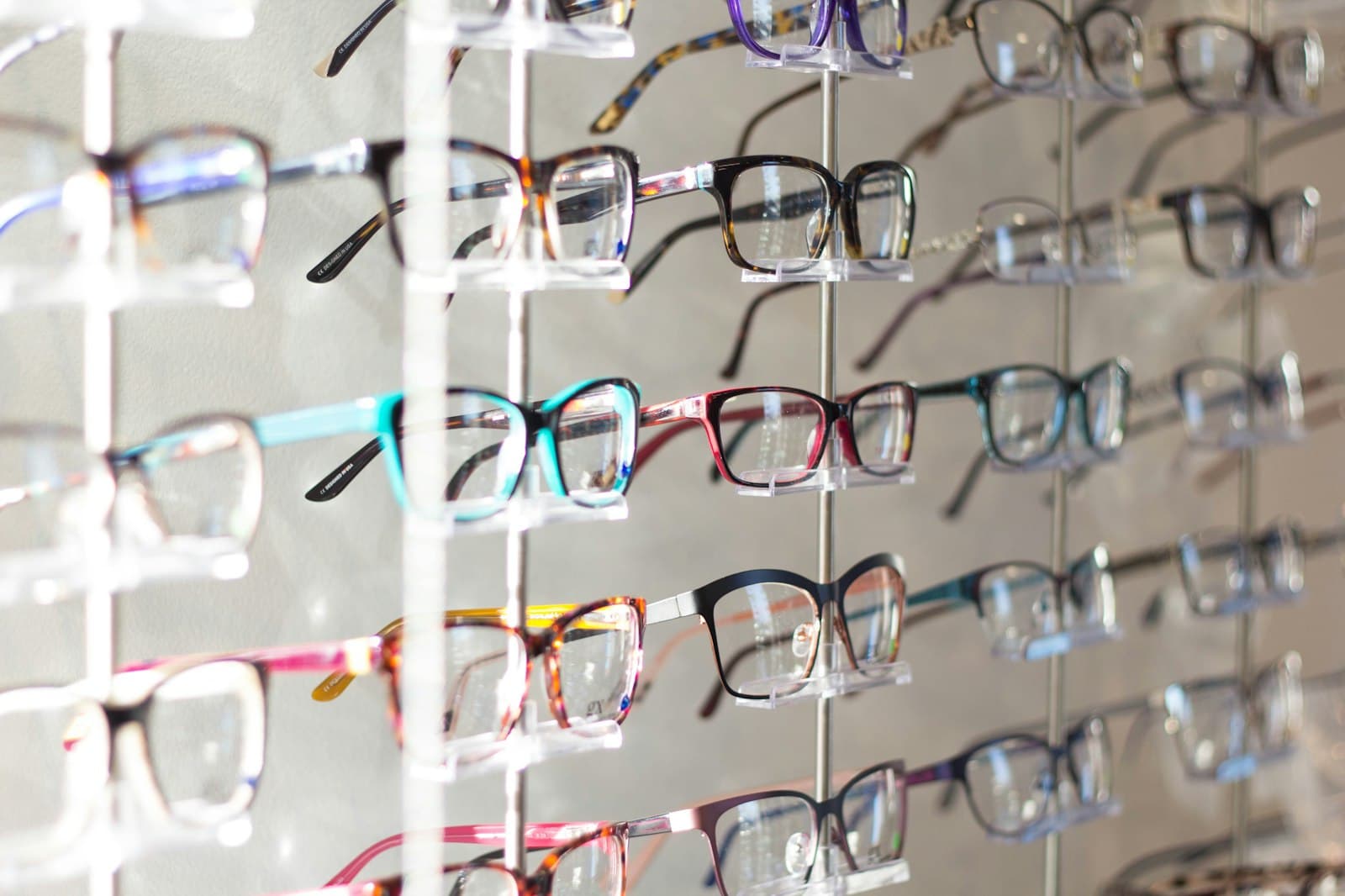 Glasses displayed in an optician's shop